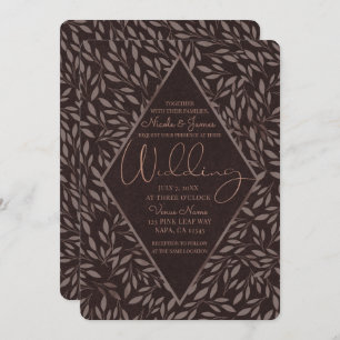 Chocolate Mauve Pink Leaves Botanical Wedding Invitation
