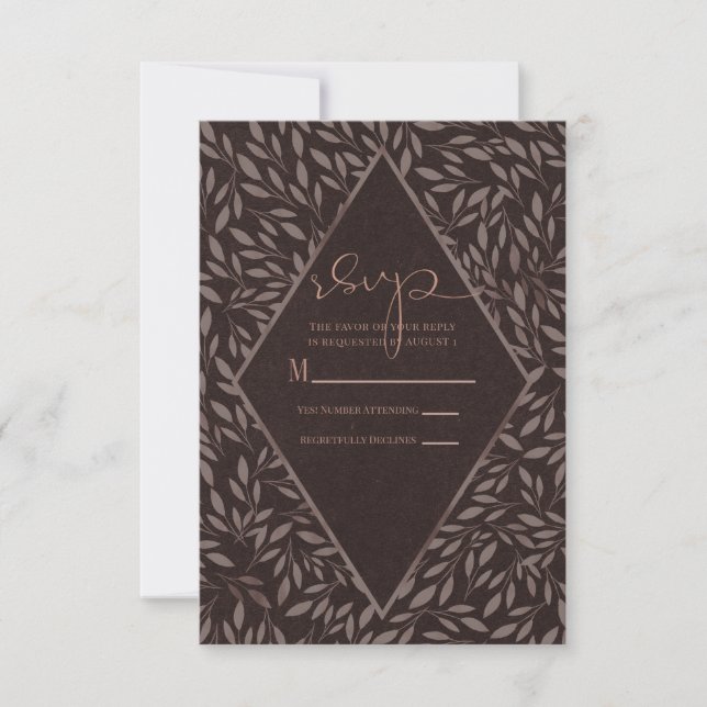 Chocolate Mauve Pink Leaves Botanical Wedding RSVP Card (Front)