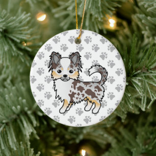 Chocolate Merle Long Coat Chihuahua Dog & Paws Ceramic Tree Decoration
