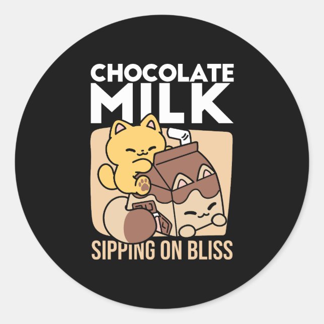 Chocolate Milk Sipping on Bliss – Kawaii Cat Food  Classic Round Sticker (Front)