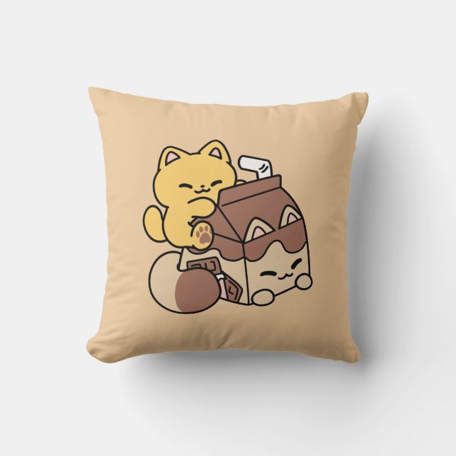 Chocolate Milk Sipping on Bliss – Kawaii Cat Food  Cushion (Front)