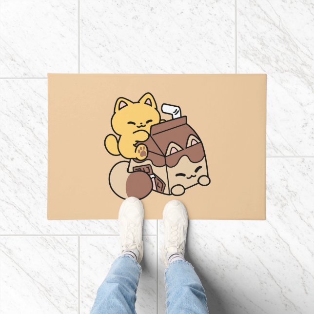 Chocolate Milk Sipping on Bliss – Kawaii Cat Food  Doormat (Indoor)