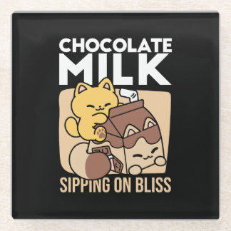 Chocolate Milk Sipping on Bliss – Kawaii Cat Food Glass Coaster