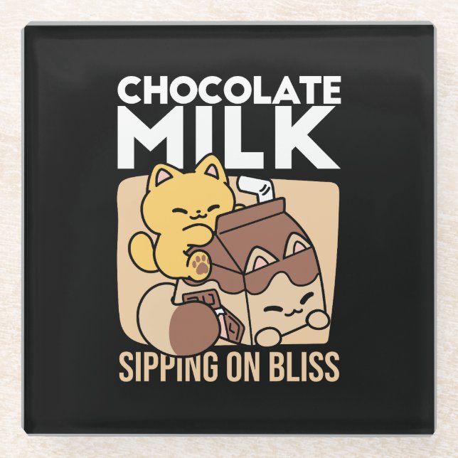 Chocolate Milk Sipping on Bliss – Kawaii Cat Food  Glass Coaster (Front)