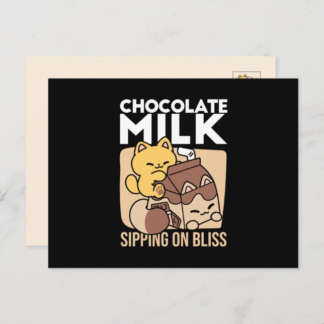 Chocolate Milk Sipping on Bliss – Kawaii Cat Food  Holiday Postcard (Front/Back)