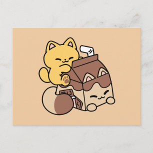 Chocolate Milk Sipping on Bliss – Kawaii Cat Food Holiday Postcard