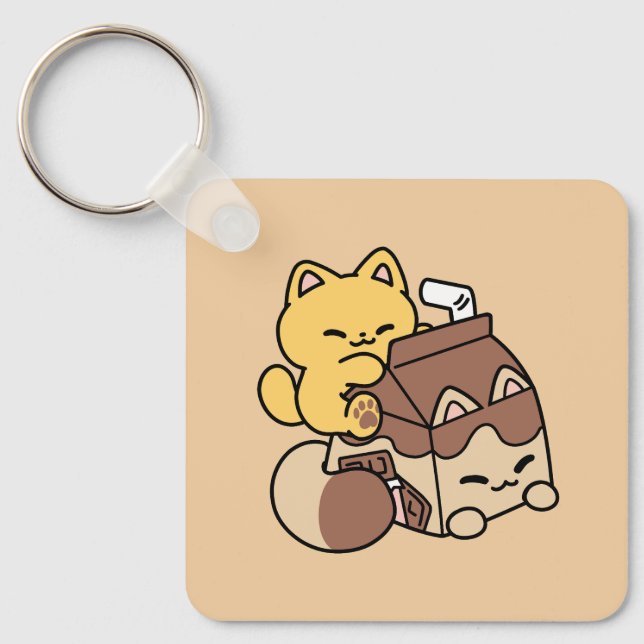 Chocolate Milk Sipping on Bliss – Kawaii Cat Food  Key Ring (Front)