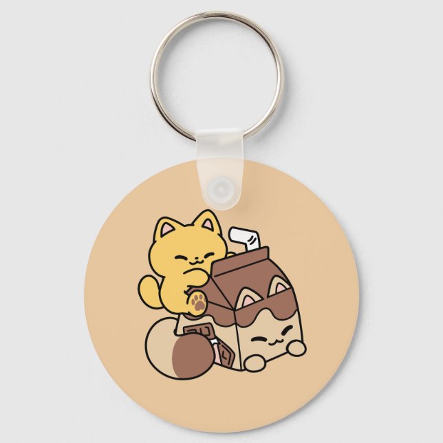 Chocolate Milk Sipping on Bliss – Kawaii Cat Food  Key Ring (Front)