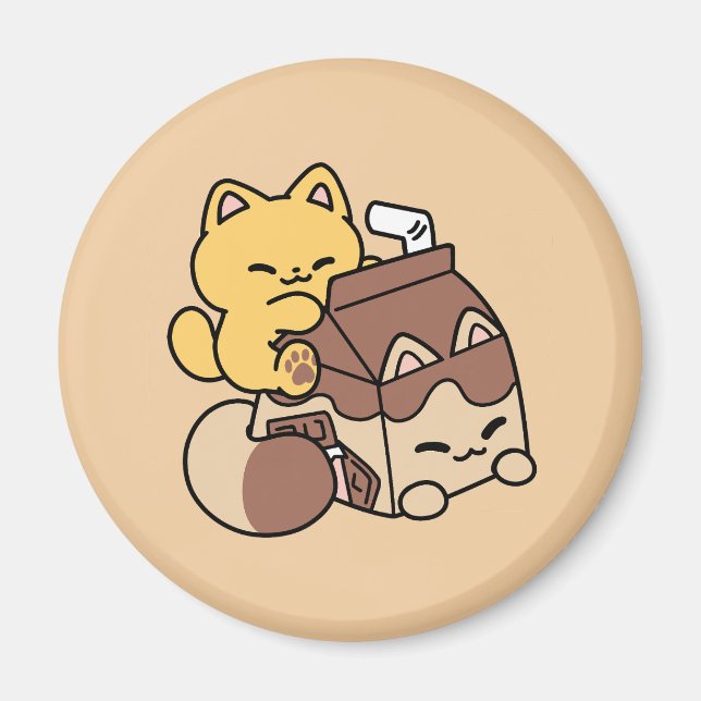 Chocolate Milk Sipping on Bliss – Kawaii Cat Food  Magnet (Front)