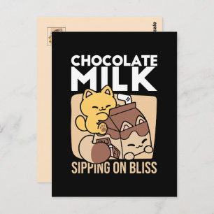Chocolate Milk Sipping on Bliss – Kawaii Cat Food Postcard