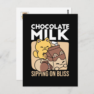 Chocolate Milk Sipping on Bliss – Kawaii Cat Food Postcard