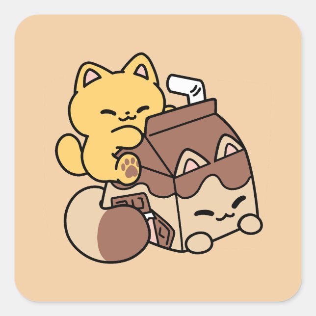 Chocolate Milk Sipping on Bliss – Kawaii Cat Food  Square Sticker (Front)