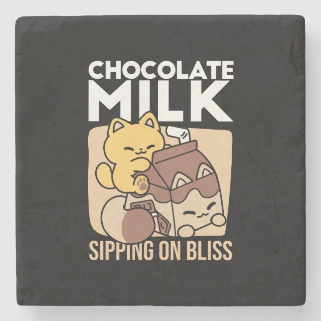 Chocolate Milk Sipping on Bliss – Kawaii Cat Food  Stone Coaster (Front)