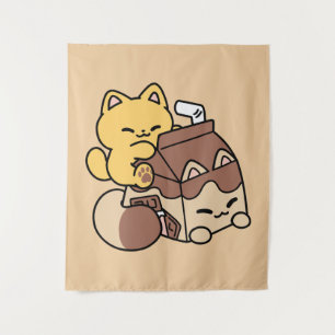 Chocolate Milk Sipping on Bliss – Kawaii Cat Food Tapestry