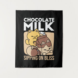 Chocolate Milk Sipping on Bliss – Kawaii Cat Food Tapestry
