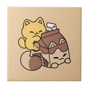Chocolate Milk Sipping on Bliss – Kawaii Cat Food Tile