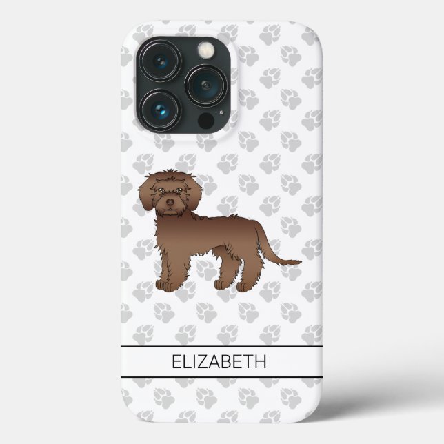 Chocolate Mini Goldendoodle Cartoon Dog & Name Case-Mate iPhone Case (Back)