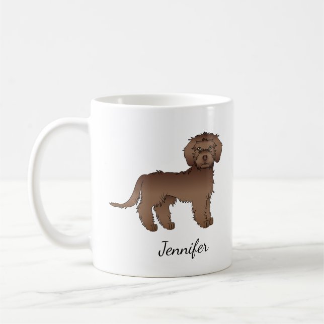Chocolate Mini Goldendoodle Cartoon Dog & Name Coffee Mug (Left)