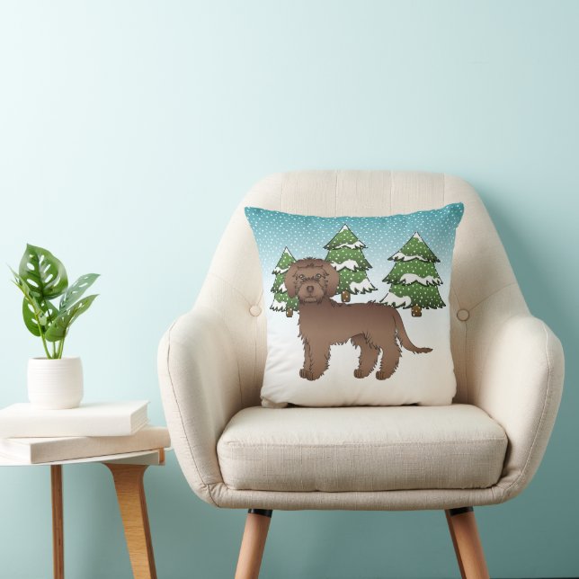 Chocolate Mini Goldendoodle Dog In A Winter Forest Cushion (Chair)