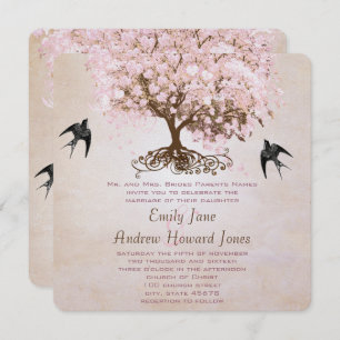 Chocolate Misty Pink Heart Leaf Tree Love Birds Invitation