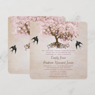 Chocolate Misty Pink Heart Leaf Tree Love Birds Invitation
