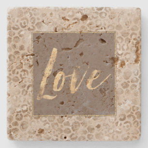 Chocolate Mocha Leopard Print Gold Love Square Stone Coaster