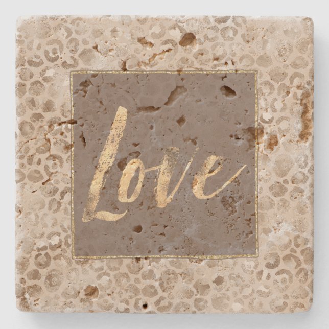Chocolate Mocha Leopard Print Gold Love Square Stone Coaster (Front)