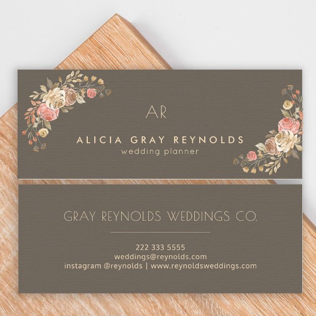 Chocolate Monogram Elegant Floral Wedding Planner Mini Business Card (Creator Uploaded)