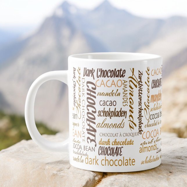 Chocolate Multilingual Typography Word Cloud Large Coffee Mug (typography design on both sides of the handle)