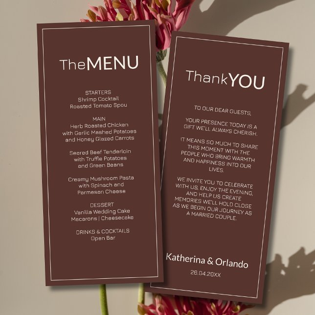 Chocolate Old Money Wedding Menu Thank You Note (Creator Uploaded)