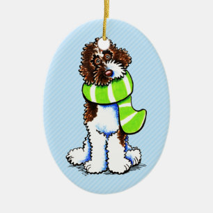 Chocolate Parti Labradoodle Winter Scarf Ceramic Tree Decoration