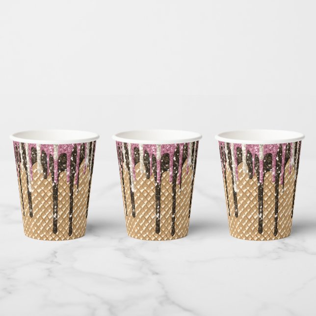 Chocolate Pink Ice Cream Cone Glitter Drips Paper Cups (Multi)