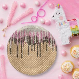 Chocolate Pink Ice Cream Cone Glitter Drips Paper Plate