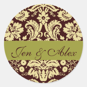 Chocolate Pistachio Bride Groom Damask Wedding Classic Round Sticker