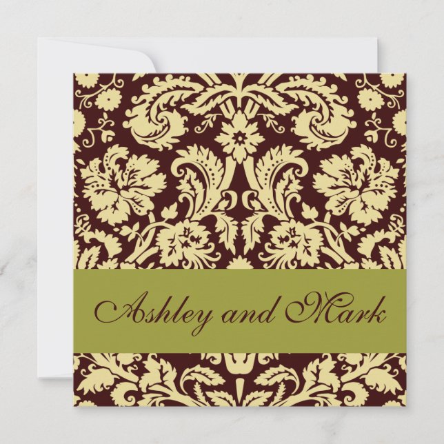 Chocolate Pistachio Damask Wedding Invitation (Front)