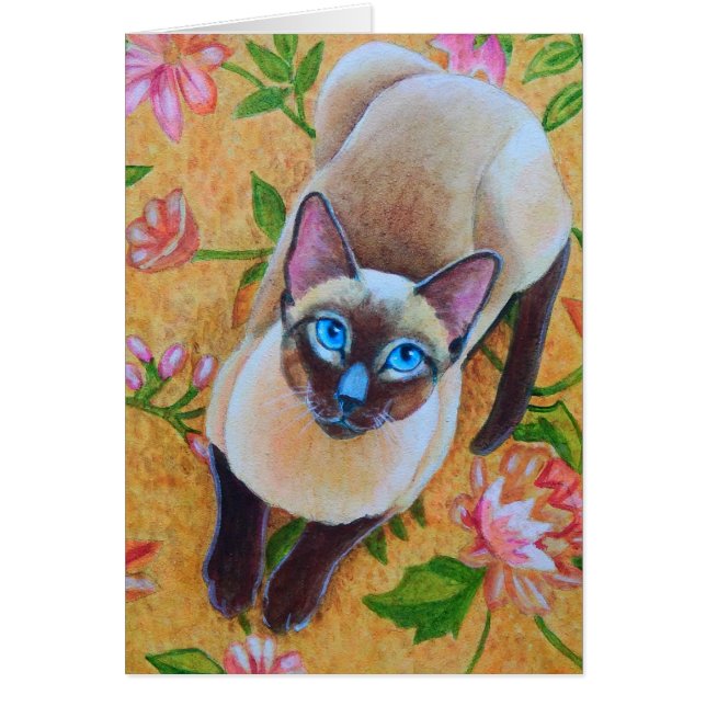 Chocolate Point Siamese Cat on Floral Rug (Front)
