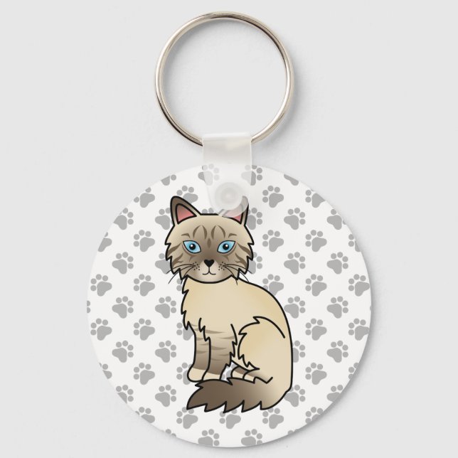 Chocolate Point Tabby Birman / Ragdoll Cartoon Cat Key Ring (Front)