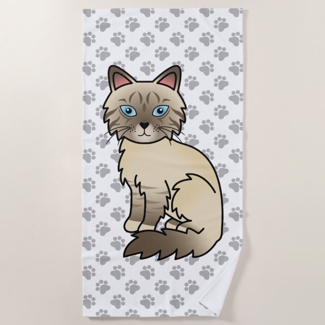 Chocolate Point Tabby Birman / Ragdoll Cat & Paws Beach Towel (Front)