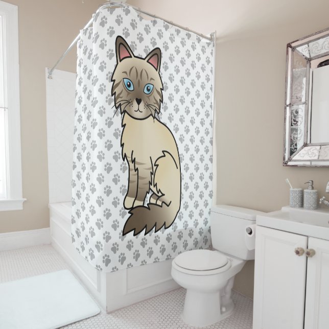 Chocolate Point Tabby Birman / Ragdoll Cat & Paws Shower Curtain (In Situ)