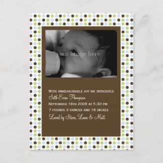 Chocolate Polka Dot Baby Announcement Postcard