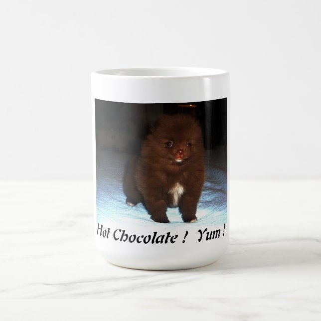Chocolate pomeranian puppy on mug (Center)