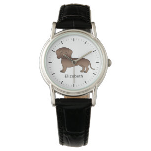 Chocolate Short Hair Dachshund Cartoon Dog & Name Watch