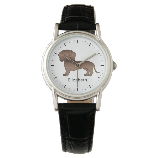 Chocolate Short Hair Dachshund Cartoon Dog & Name Watch (Front)