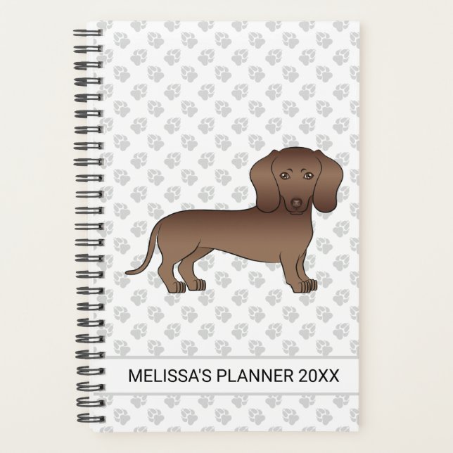 Chocolate Short Hair Dachshund Cartoon Dog & Text Planner (Front)