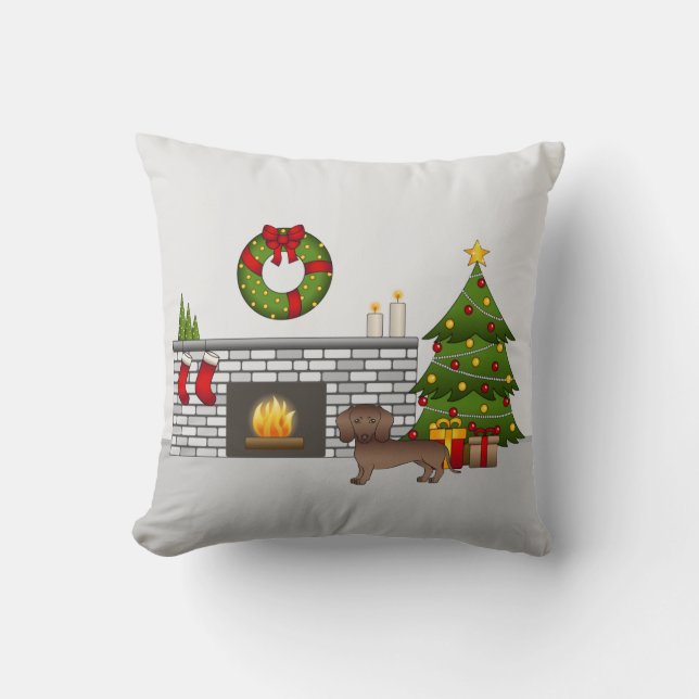 Chocolate Smooth Coat Dachshund - Christmas Room Cushion (Front)