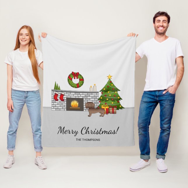 Chocolate Smooth Coat Dachshund - Christmas Room Fleece Blanket (In Situ)