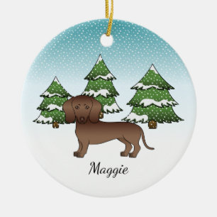 Chocolate Smooth Coat Dachshund - Winter Forest Ceramic Tree Decoration