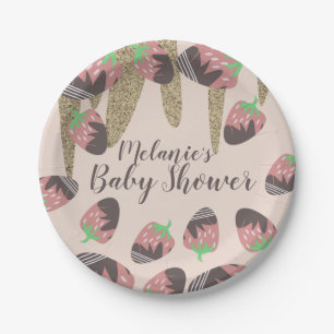 Chocolate Strawberry Faux Glitter Baby Shower Paper Plate
