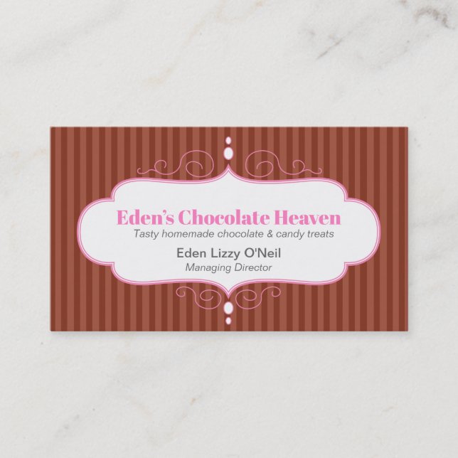 Chocolate stripe decorative white pink panel bake business card (Front)