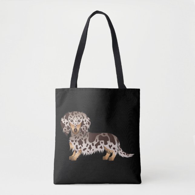 Chocolate & Tan Dapple Long Hair Dachshund - Black Tote Bag (Front)